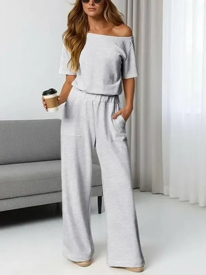 Women's Heather Off-Shoulder Wide Leg Jumpsuit