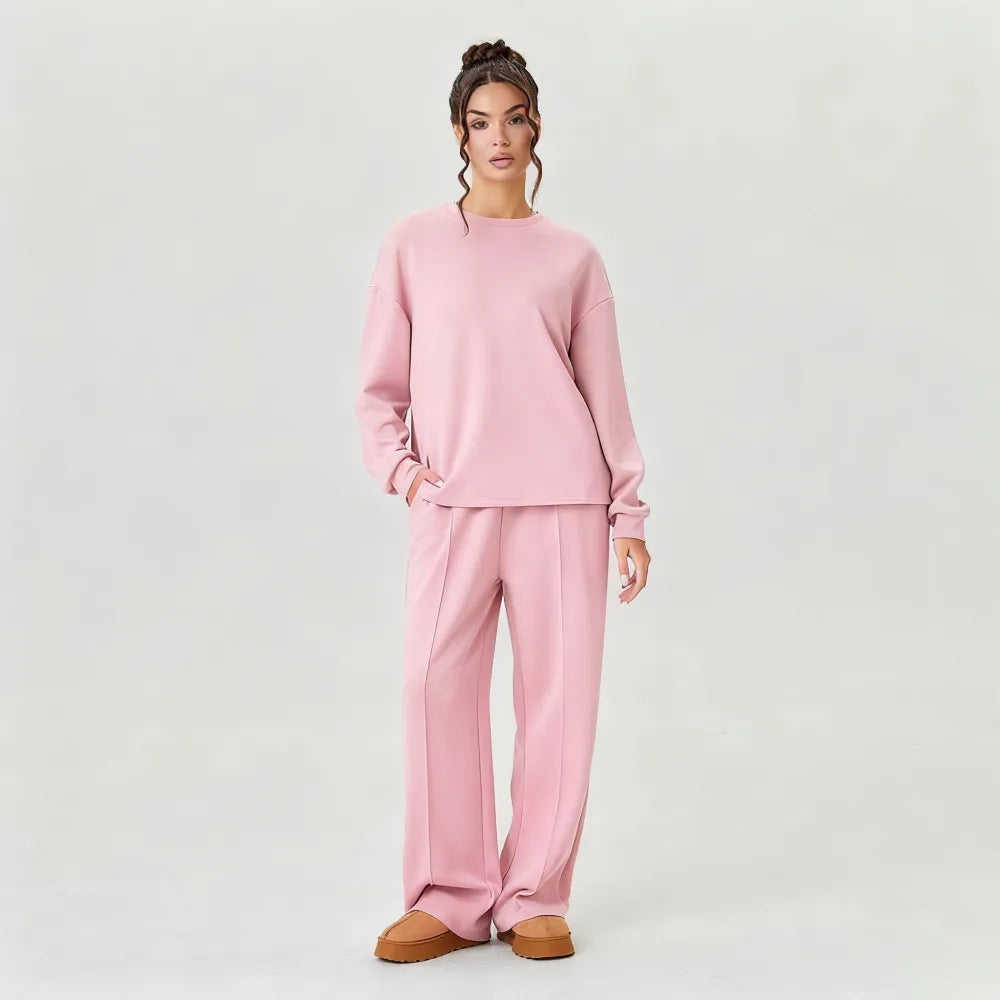 Women's Cozy Round Neck Top & Wide Leg Trousers Two Piece Outfits