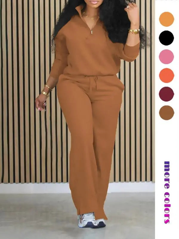 Women's Solid Casual Long Sleeve Top & Pocket Wide Leg
