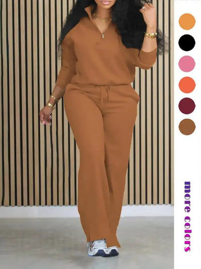 Women's Solid Casual Long Sleeve Top & Pocket Wide Leg