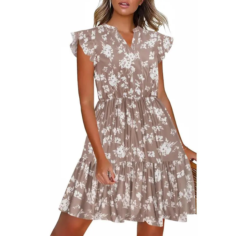 Women's Floral Printed Ruffle Sleeve Tiered Mini Dress