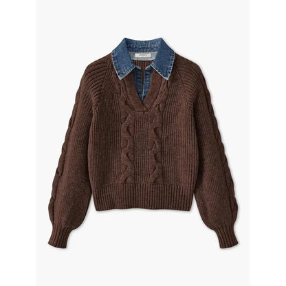 Denim Panel Ribbed Lapel Sweater