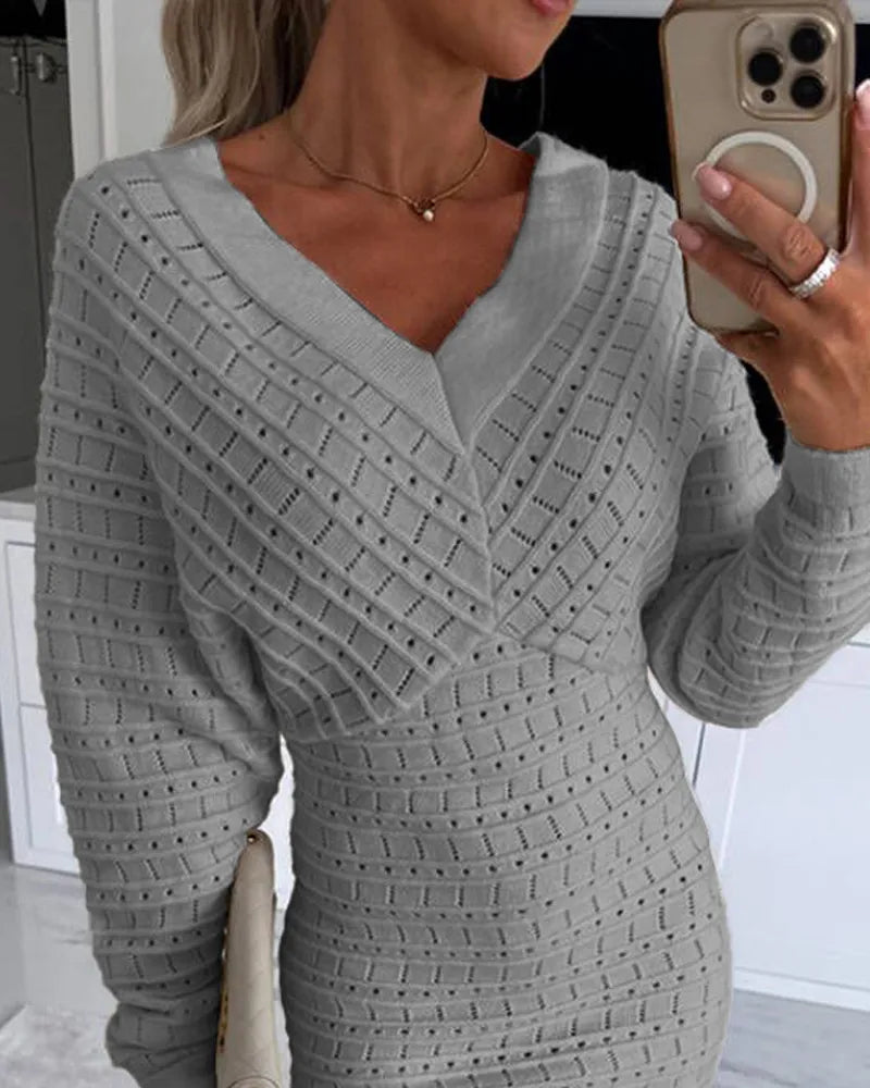 Women V Neck Knit Sweater Dress Pullover Hollow Out Casual Batwing Sleeve