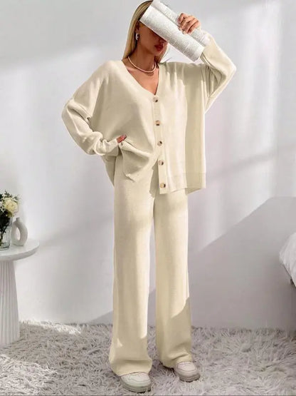 Women's Solid Button Front Drop Shoulder V Neck Cardigan & Elastic Waist Wide Leg