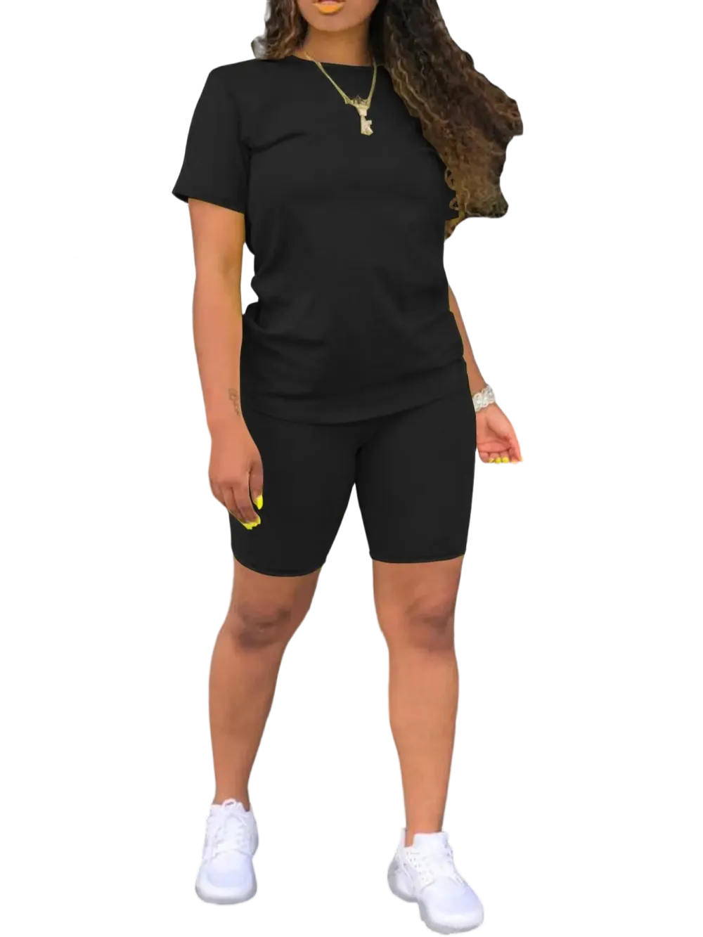 Women's 2-Piece Plain Set: Fitted Crew Neck Tee & Skinny Shorts, Casual Summer Outdoor Outfit