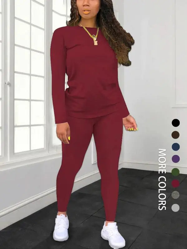 Women's Minimalist Chic Solid Long Sleeve & Elastic Waist Pants Set
