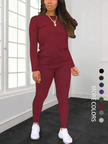 Women's Minimalist Chic Solid Long Sleeve & Elastic Waist Pants Set