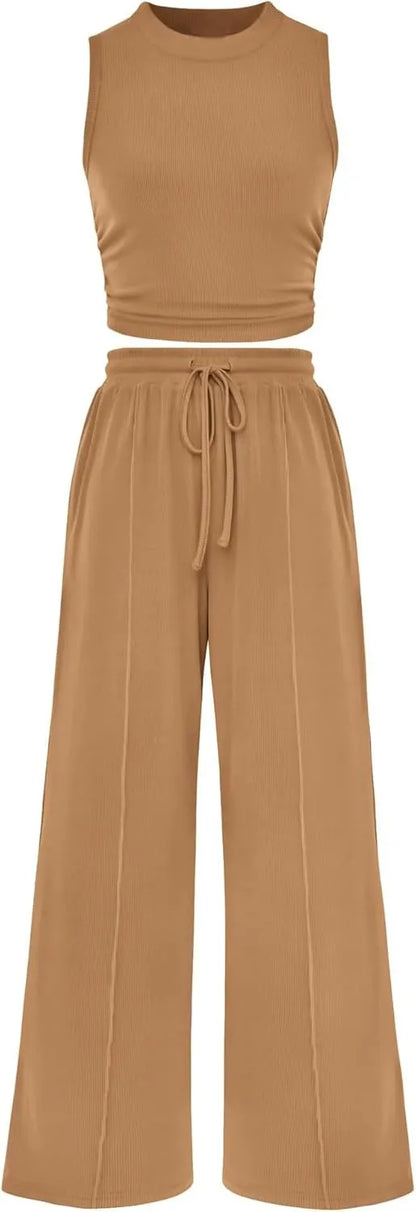 Women Summer 2 Piece Outfits Ribbed Knit Cropped Top Elastic Waist Wide Leg Pants Lounge Set