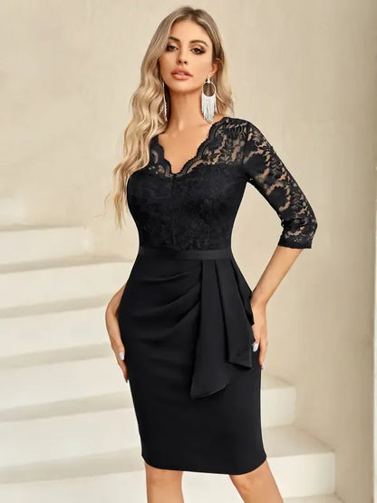 Retro V-Neck Floral Lace Ruffle Cocktail
