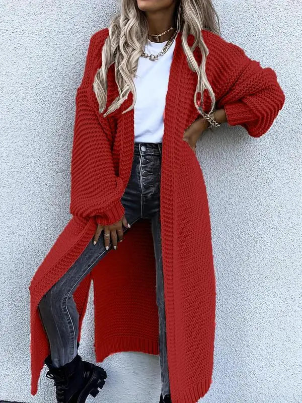 Women's Solid Split Hem Bishop Sleeve Open Front Longline Cardigan, Knit Clothing for Daily Wear, Womenswear