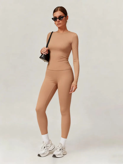Women's Solid Long Sleeve Skinny & High Waist Leggings Tracksuit Set