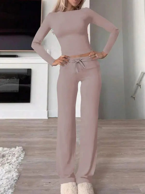 Women's Solid Long Sleeve Crop Top & Drawstring Waist Straight Leg Pants Loungewear Set