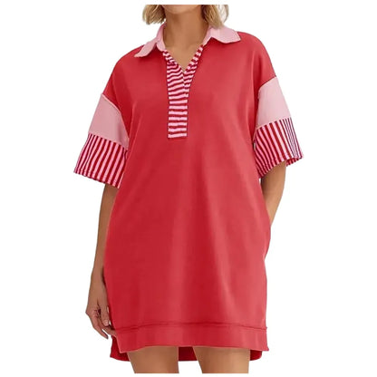 V Neck Summer Color Block Short Sleeve Mini Dress
