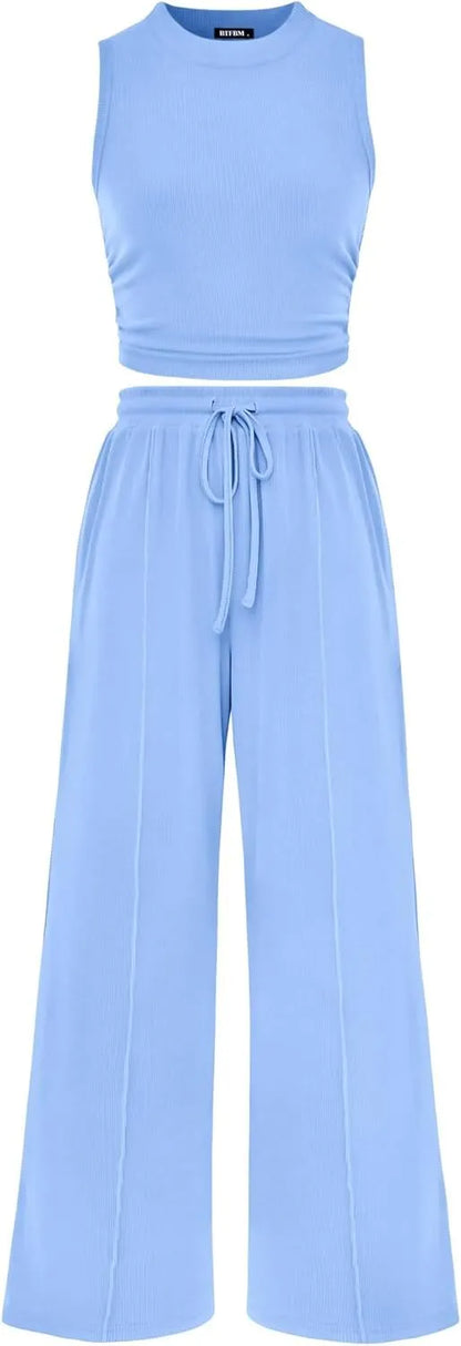 Women Summer 2 Piece Outfits 2026 Beach Crew Neck Sleeveless Cropped Top Elastic Waist Wide Leg Pants Lounge Set