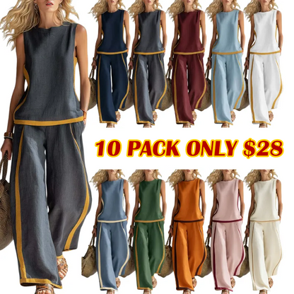 Linen Blend Women Sleeveless Color Block Top Wide Leg Pants Set