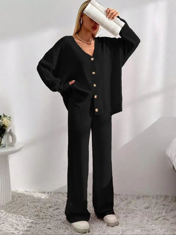 Women's Solid Button Front Drop Shoulder V Neck Cardigan & Elastic Waist Wide Leg