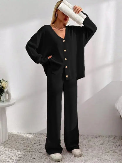 Women's Solid Button Front Drop Shoulder V Neck Cardigan & Elastic Waist Wide Leg