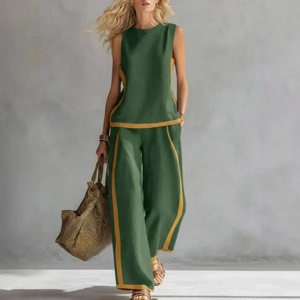Linen Blend Women Sleeveless Color Block Top Wide Leg Pants Set