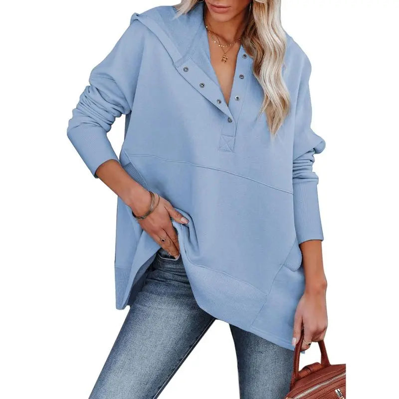 Women's Casual Oversized Sweatshirts Hoodies Button V Neck Long Sleeve Cotton Henley Pullover Hooded Tops 2025 Womenswear Winter Outfits Clothes