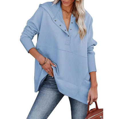 Women's Casual Oversized Sweatshirts Hoodies Button V Neck Long Sleeve Cotton Henley Pullover Hooded Tops 2025 Womenswear Winter Outfits Clothes