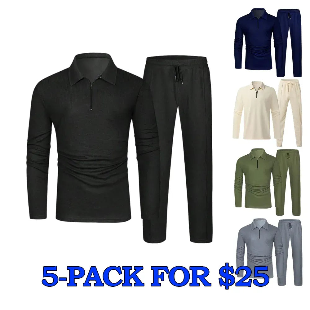 Men's Solid Textured Long Sleeve Polo Shirt & Drawstring Waist Pants Set