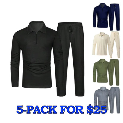 Men's Solid Textured Long Sleeve Polo Shirt & Drawstring Waist Pants Set