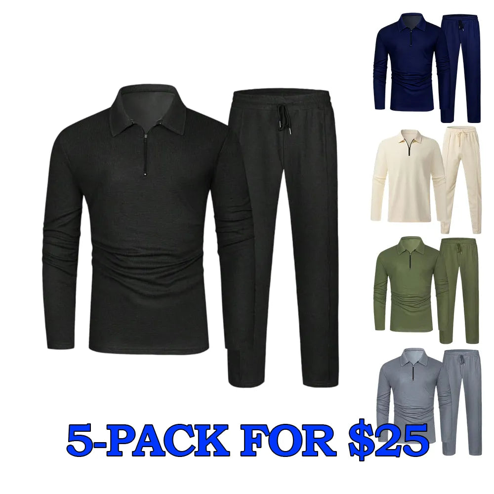 Men's Solid Textured Long Sleeve Polo Shirt & Drawstring Waist Pants Set