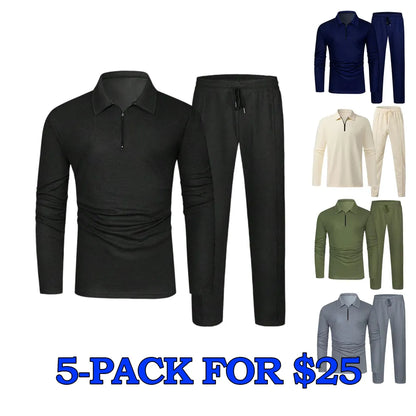 Men's Solid Textured Long Sleeve Polo Shirt & Drawstring Waist Pants Set