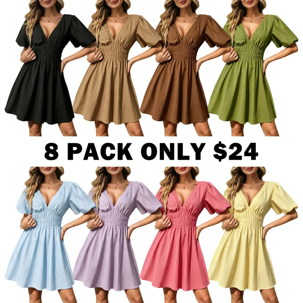Women's Boho Puff Sleeve Textured Cotton Mini Dress with Pockets
