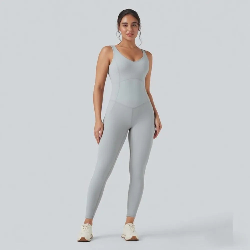V Neck Butt Lifting Workout Jumpsuit with Pockets