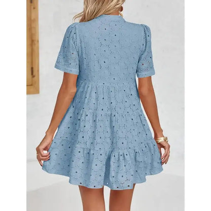 Women’s Summer Lace Dresses Eyelet Casual Flowy Babydoll Swing Short Sleeve V Neck Tunic Dress