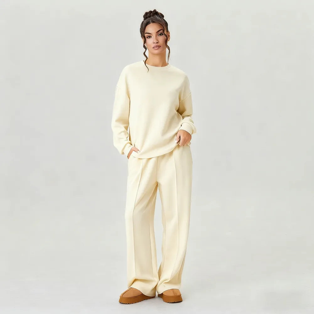 Women's Casual Solid Color Loose Long Sleeve Top & Exposed Stitches Trousers Co-ord