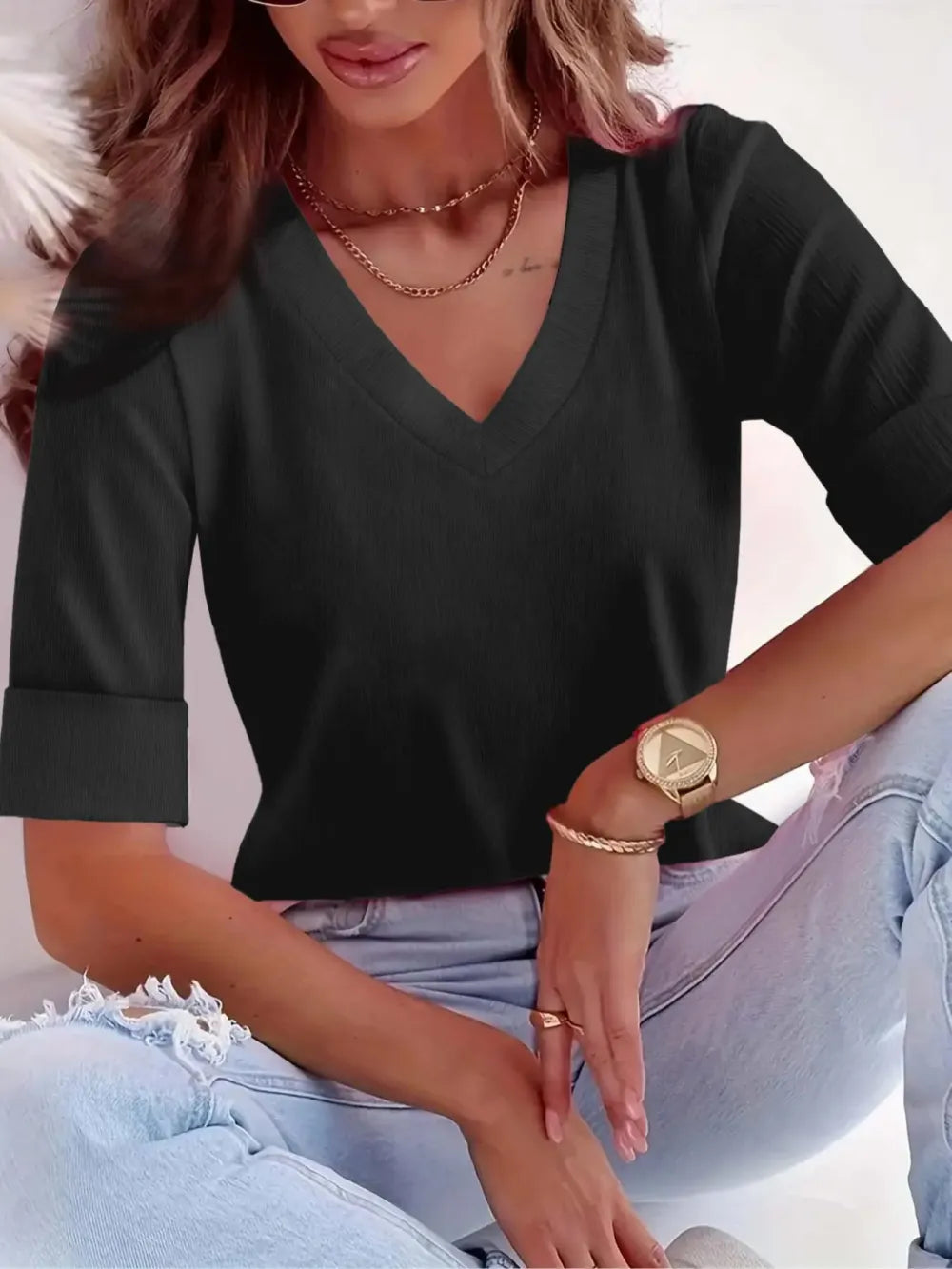 Plus Size Solid V Neck Roll Up Sleeve Tee