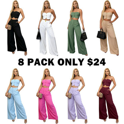 Women's Strapless Crop Top & Wide Leg Pants 2 Piece Set