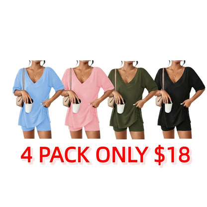 Women's Two-Piece Pajama Set Casual Oversized V Neck Split Hem Shirts