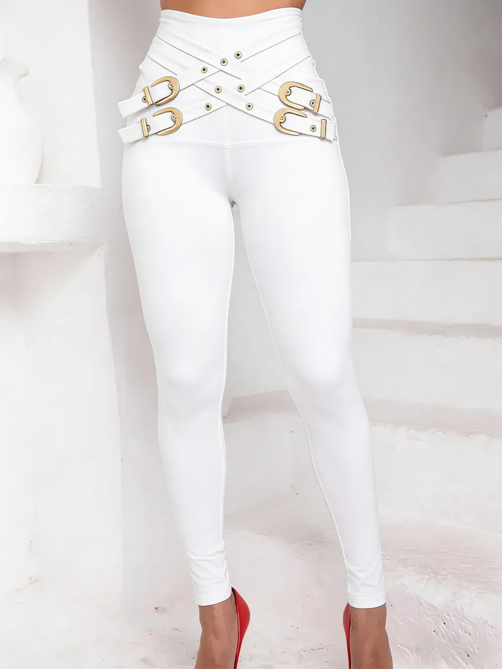 Women's Criss Cross Metal Buckle Decor High Waist Rise Leggings
