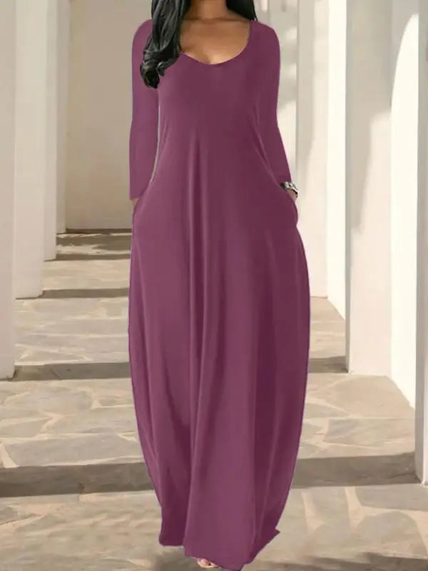 Women's Long Nightgown,Casual Round Neck Long Sleeve Pocket Sleepwear,Soft Comfortable All-Season Loungewear