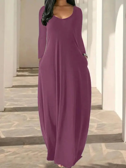 Women's Long Nightgown,Casual Round Neck Long Sleeve Pocket Sleepwear,Soft Comfortable All-Season Loungewear