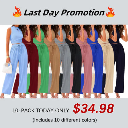 Women Summer 2 Piece Outfits Ribbed Knit Cropped Top Elastic Waist Wide Leg Pants Lounge Set