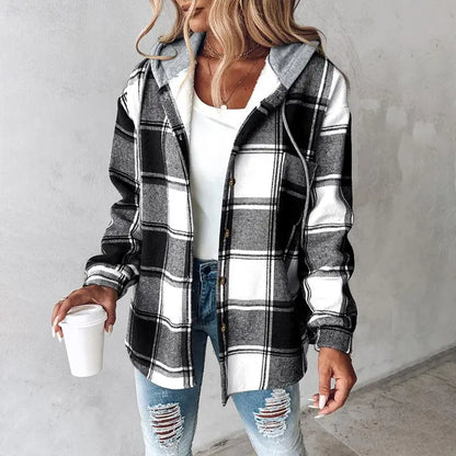 Women's Plaid Pattern Long Sleeve Shacket Button Down Fleece Lined Hooded Jackets Warm Coat Casual Womenswear Comfort Outdoor Soft