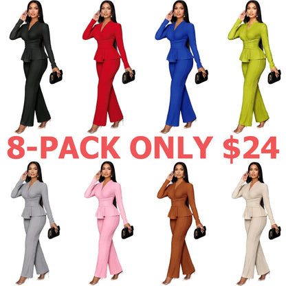 Women's Solid-Color Elegant V-Neck Long-Sleeve and Wide-Leg Pants Set