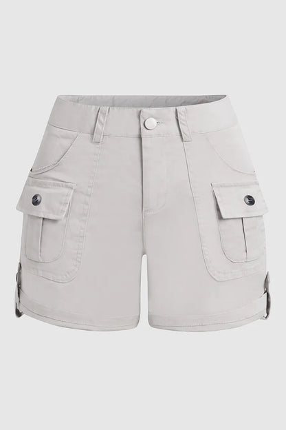 Flap Pocket Roll Tab Hem Mid Waist Shorts