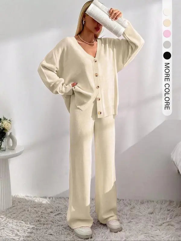 Women's Solid V Neck Cardigan & Elastic Waist Wide Leg Pants Two-piece Set