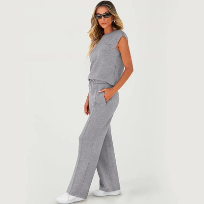 Women's Summer 2 Piece Outfits Casual Sleeveless Sweatsuits Matching Wide Leg Tracksuits Lounge Sets Women Basic Vacation Outdoor Outfit Sets Womenswear