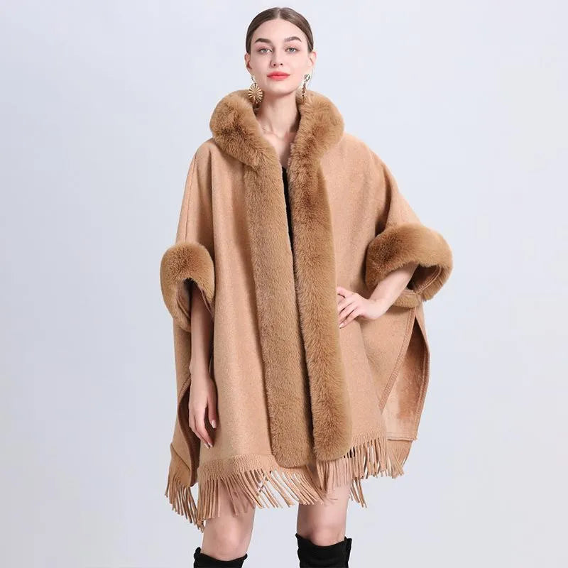 Women's Poncho With a Hoodie and Fringes