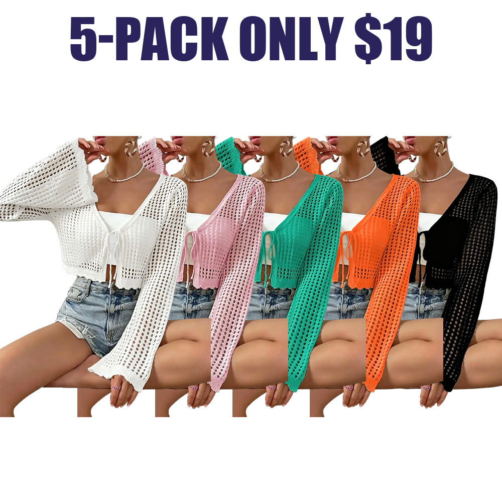 Women's Plain Hollow Out Tie Front Crop Cardigan