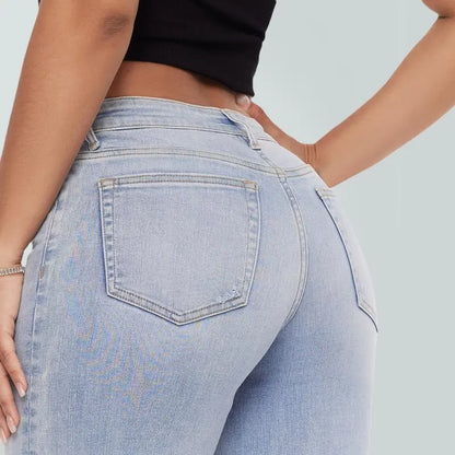Mid-low Rise Baggy Jeans Stretchy Wide Leg for Women Distressed Pants Womenswear Bottom Lady Basic Minimalist Comfortable Denim Tummy Control Curve Hugging Plus Size Regular Size BBL