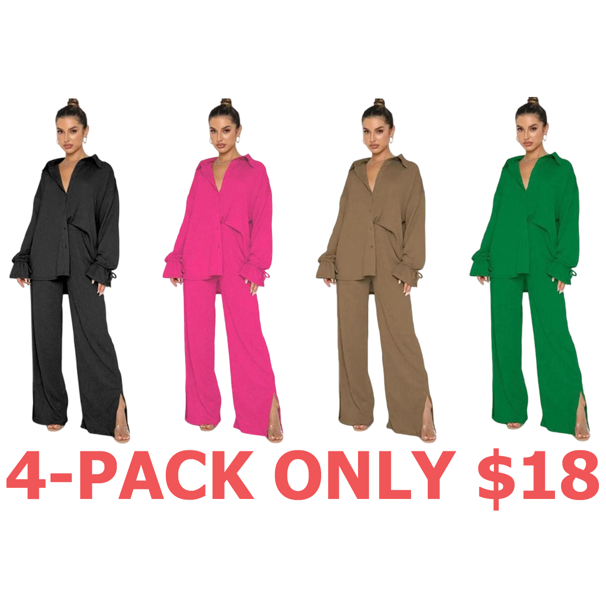 Women's Solid Button Front Shirt & Split Hem Pants Set