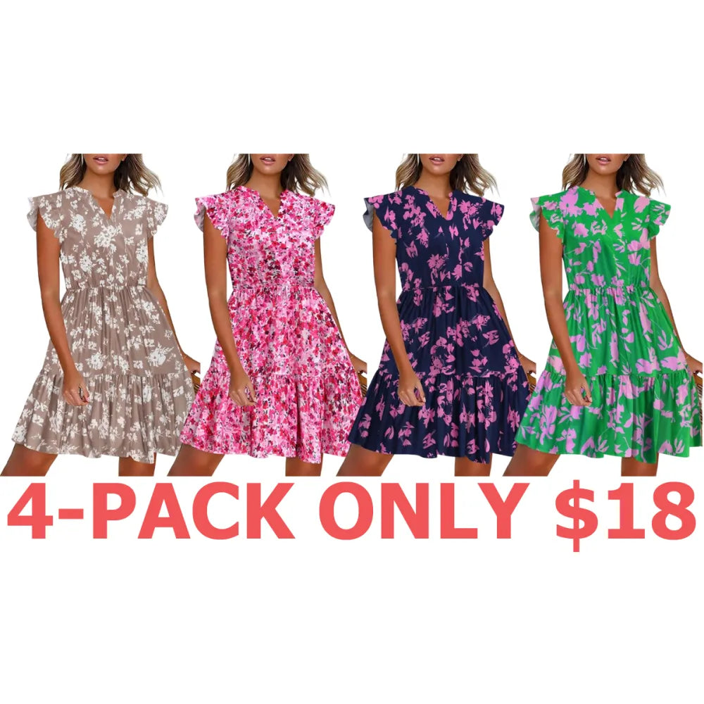 Women's Floral Printed Ruffle Sleeve Tiered Mini Dress
