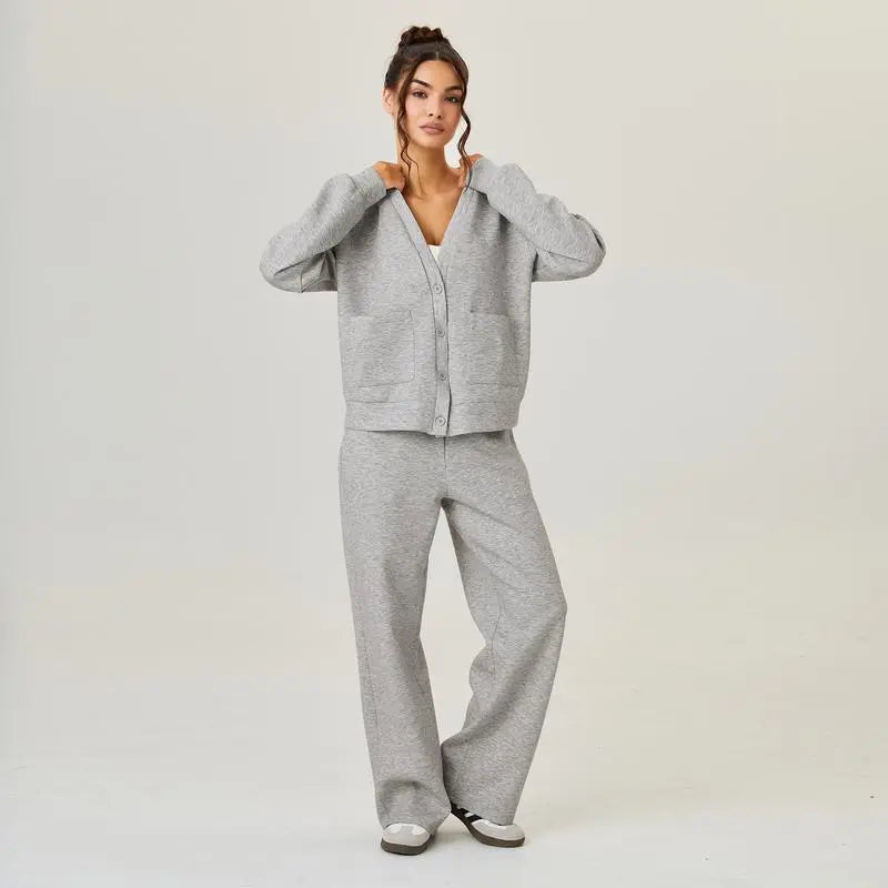 Women's Slouchy Solid Color V Neck Long Sleeve Button Cardigan & Drawstring Waist Trousers Co-ord